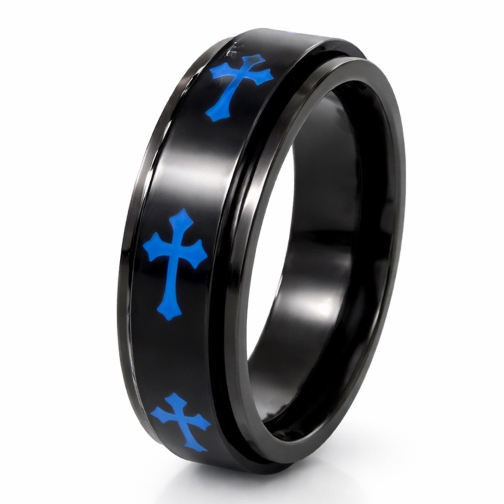 Black Stainless Steel Spinner Ring Blue Cross Band Fidget Ring